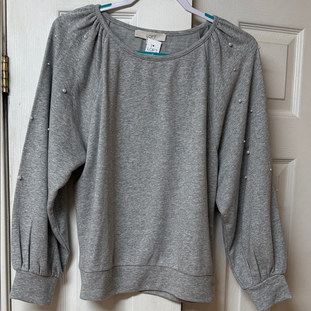 LOFT Heather Gray Sweatshirt with Pearl Details